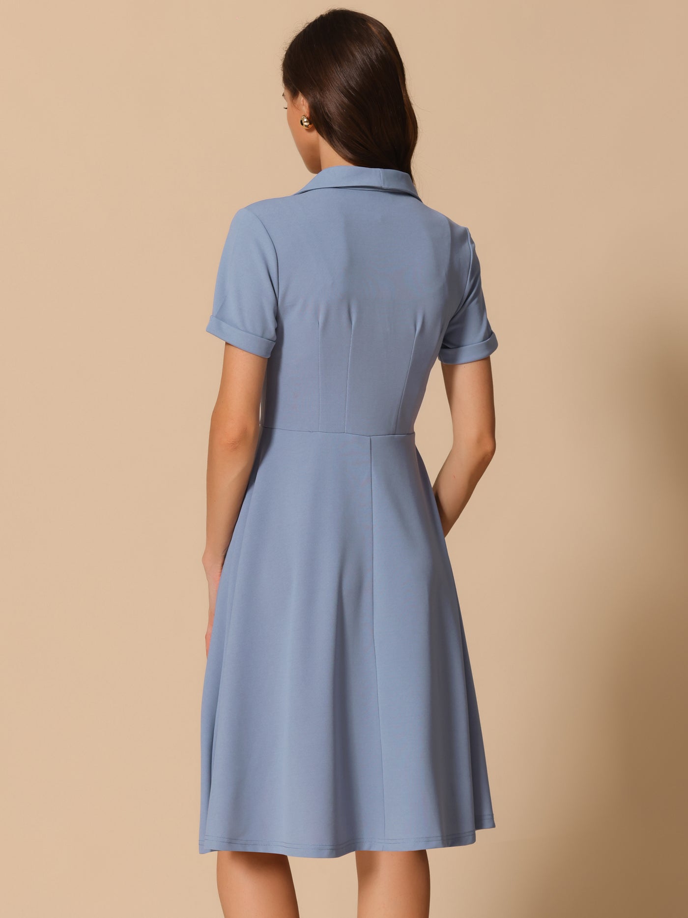 Allegra K Vintage Flat Collar Solid Color Short Sleeve Fit and Flare Midi Dress