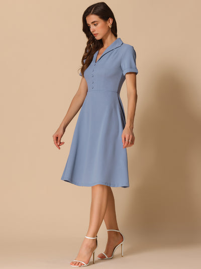 Vintage Flat Collar Solid Color Short Sleeve Fit and Flare Midi Dress