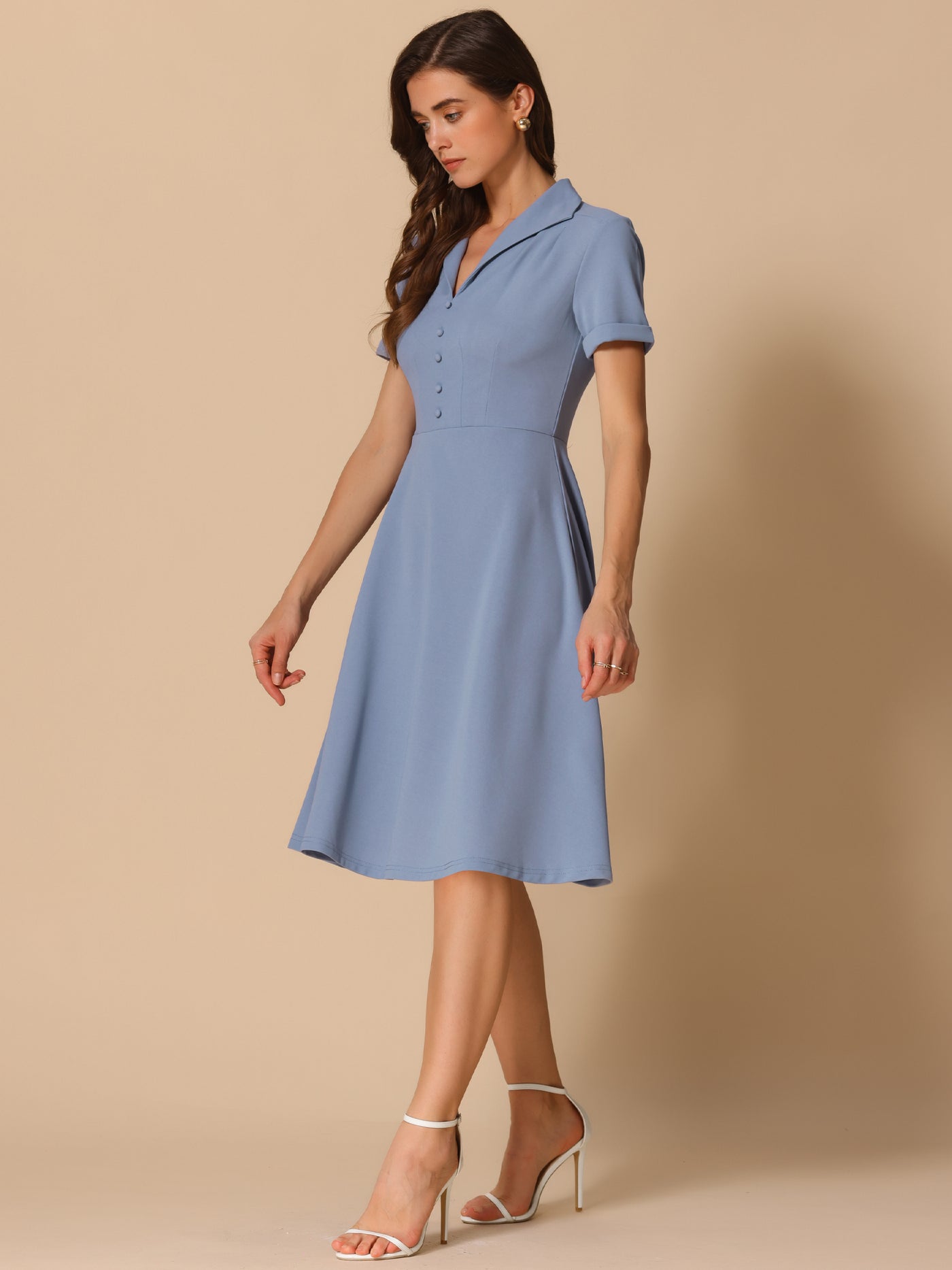 Allegra K Vintage Flat Collar Solid Color Short Sleeve Fit and Flare Midi Dress