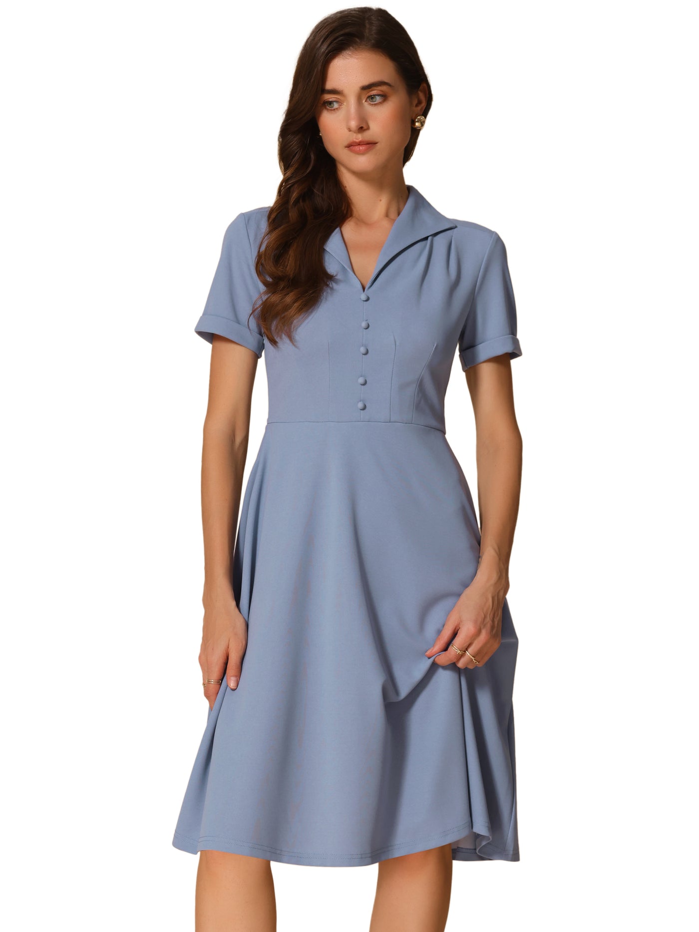 Allegra K Vintage Flat Collar Solid Color Short Sleeve Fit and Flare Midi Dress