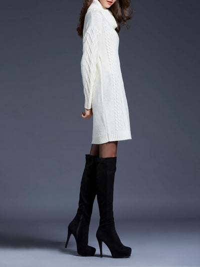 Turtle Neck Twist Knit Long Sleeves Mini Sweater Dress