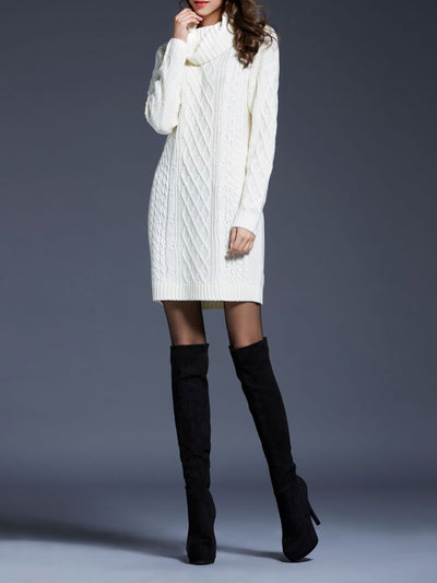 Turtle Neck Twist Knit Long Sleeves Mini Sweater Dress