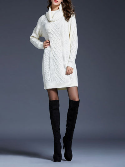 Turtle Neck Twist Knit Long Sleeves Mini Sweater Dress