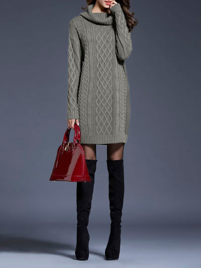 Turtle Neck Twist Knit Long Sleeves Mini Sweater Dress