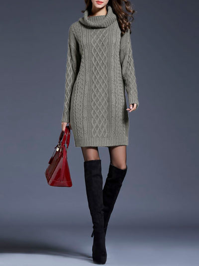 Turtle Neck Twist Knit Long Sleeves Mini Sweater Dress