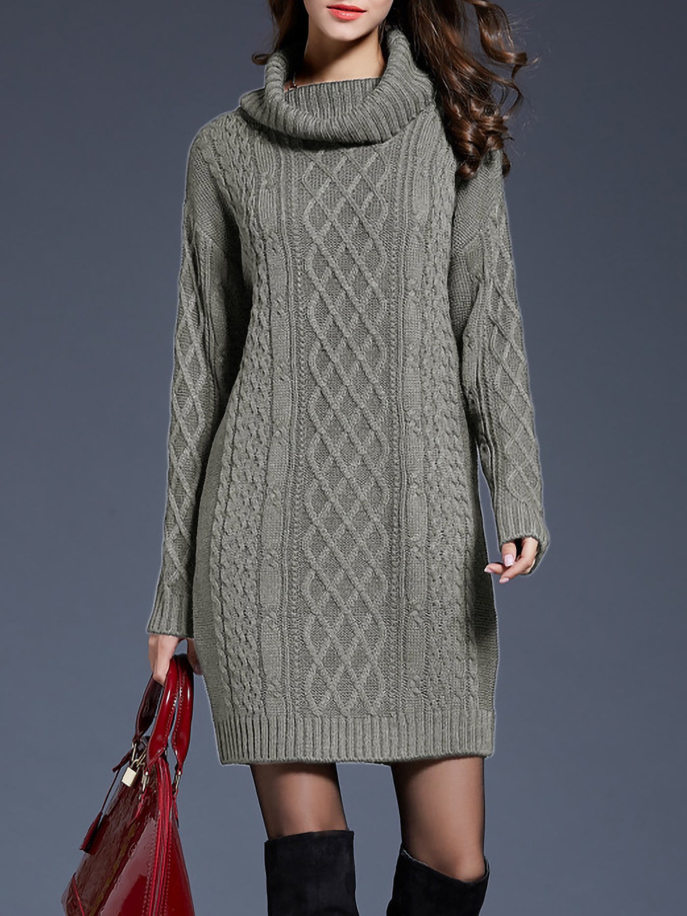 Allegra K Turtle Neck Twist Knit Long Sleeves Mini Sweater Dress