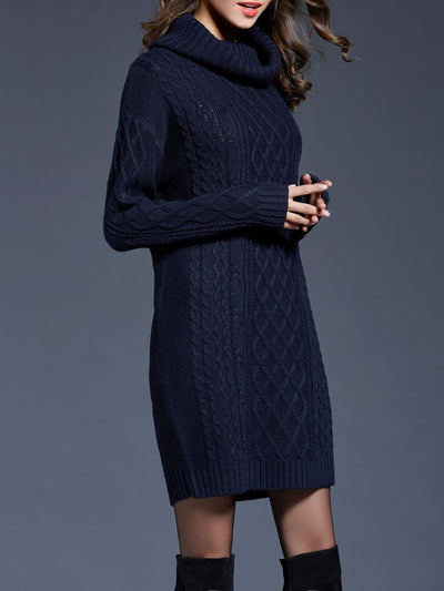 Turtle Neck Twist Knit Long Sleeves Mini Sweater Dress