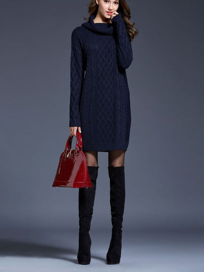 Turtle Neck Twist Knit Long Sleeves Mini Sweater Dress