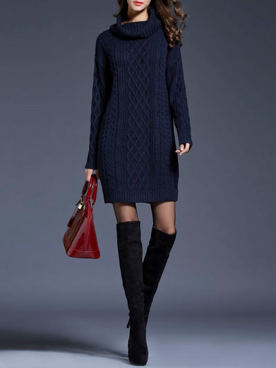 Turtle Neck Twist Knit Long Sleeves Mini Sweater Dress