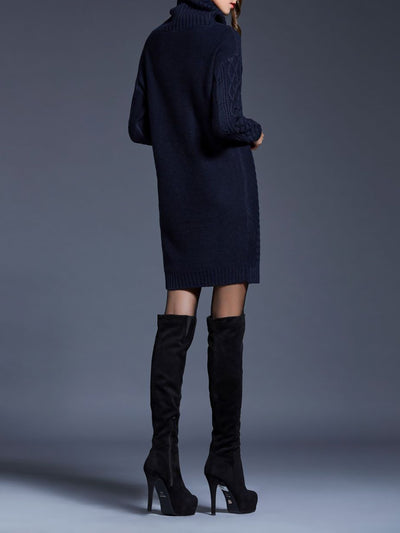 Turtle Neck Twist Knit Long Sleeves Mini Sweater Dress