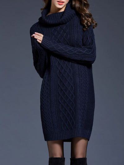 Turtle Neck Twist Knit Long Sleeves Mini Sweater Dress