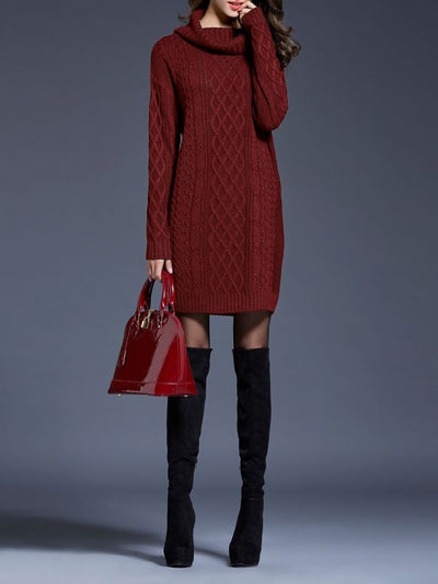 Turtle Neck Twist Knit Long Sleeves Mini Sweater Dress