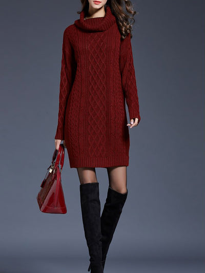 Turtle Neck Twist Knit Long Sleeves Mini Sweater Dress