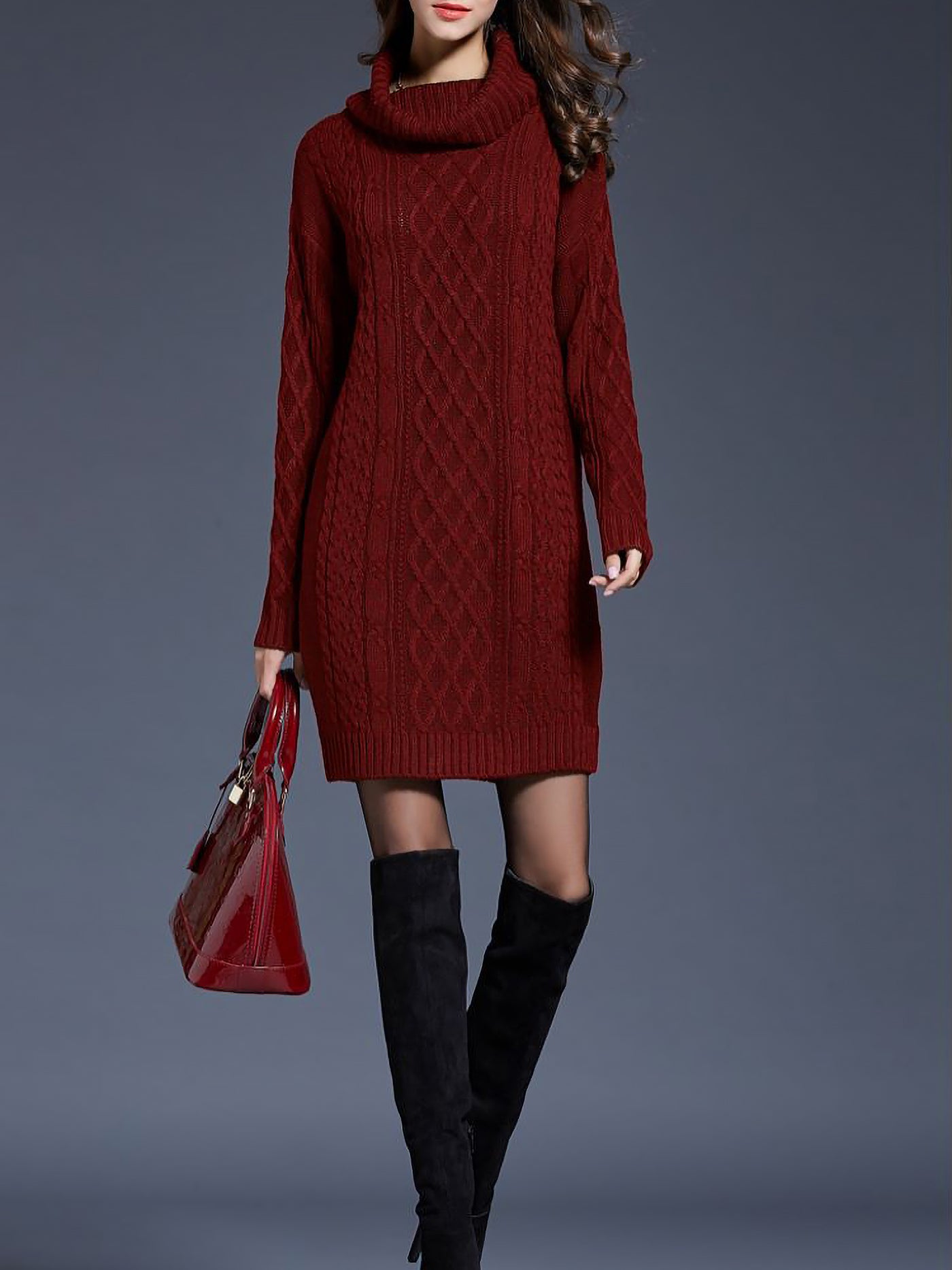 Allegra K Turtle Neck Twist Knit Long Sleeves Mini Sweater Dress