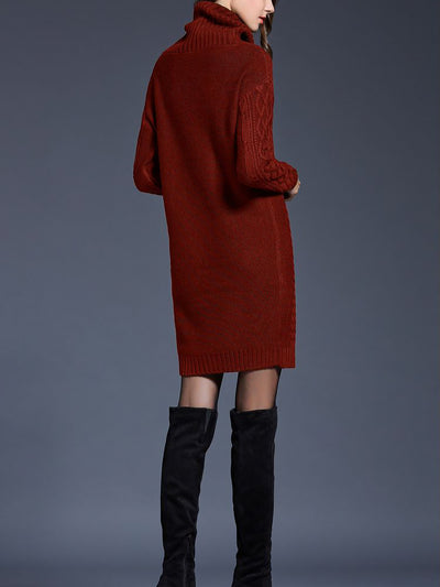 Turtle Neck Twist Knit Long Sleeves Mini Sweater Dress