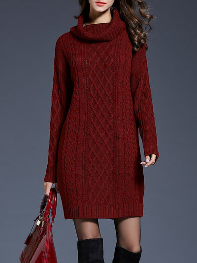 Turtle Neck Twist Knit Long Sleeves Mini Sweater Dress