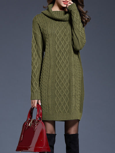 Turtle Neck Twist Knit Long Sleeves Mini Sweater Dress