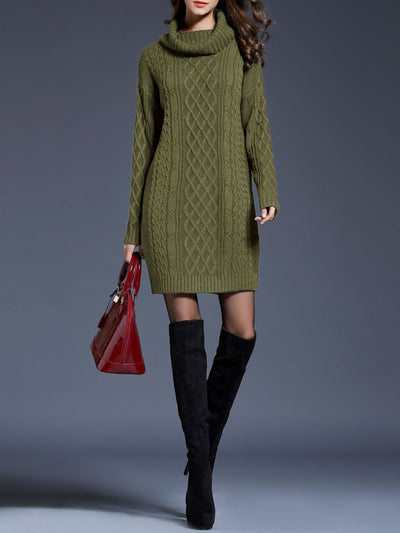 Turtle Neck Twist Knit Long Sleeves Mini Sweater Dress