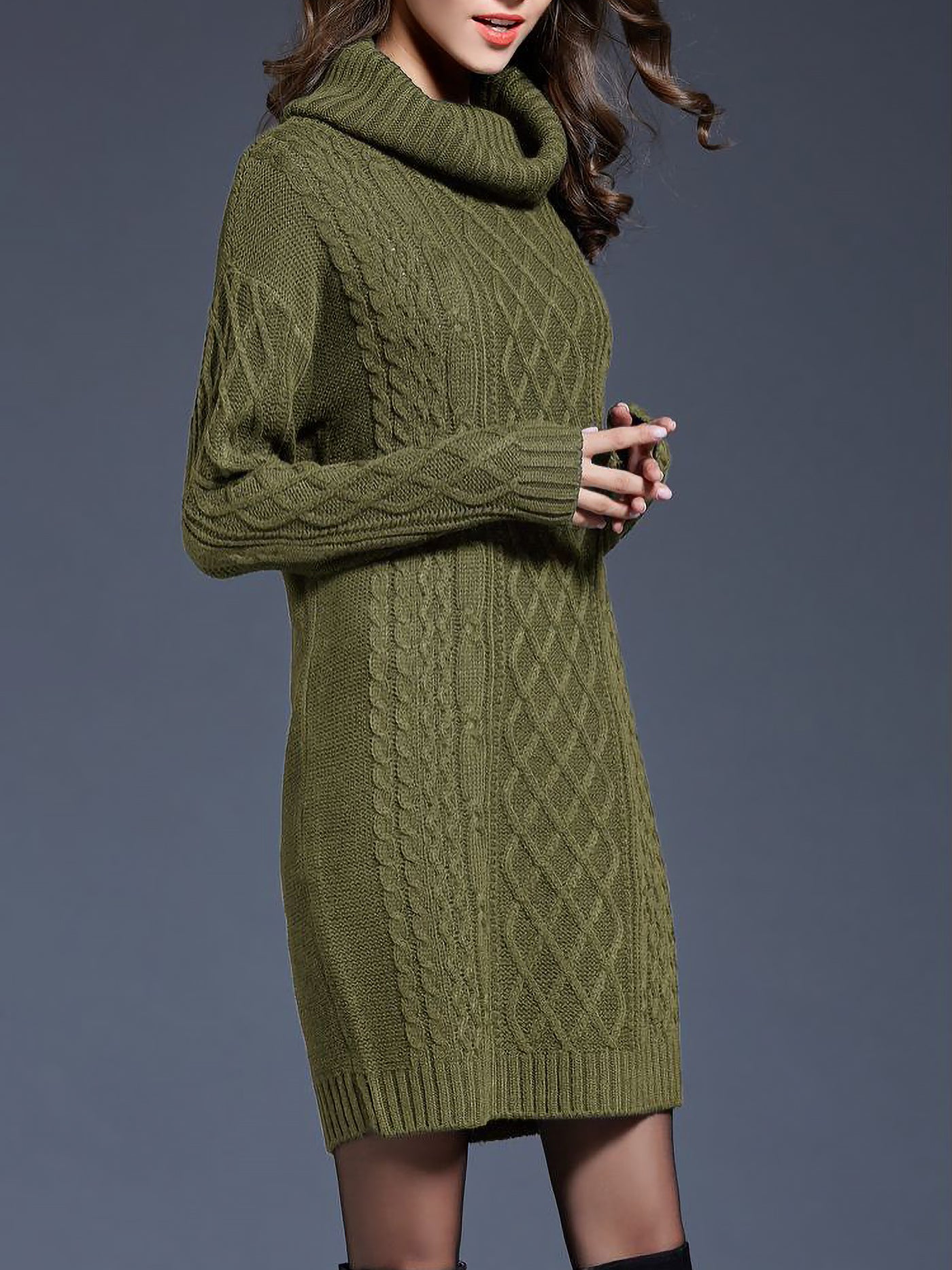 Allegra K Turtle Neck Twist Knit Long Sleeves Mini Sweater Dress