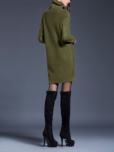 Turtle Neck Twist Knit Long Sleeves Mini Sweater Dress