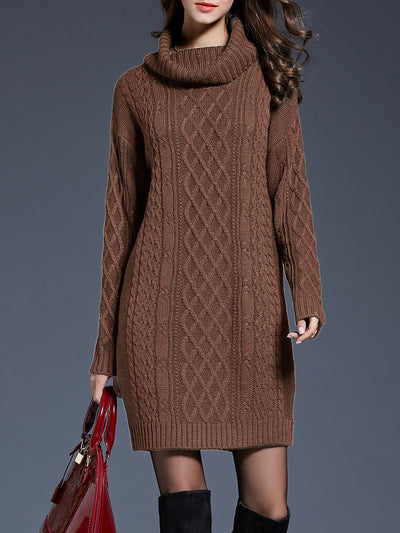 Turtle Neck Twist Knit Long Sleeves Mini Sweater Dress