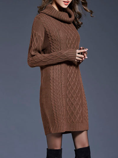 Turtle Neck Twist Knit Long Sleeves Mini Sweater Dress