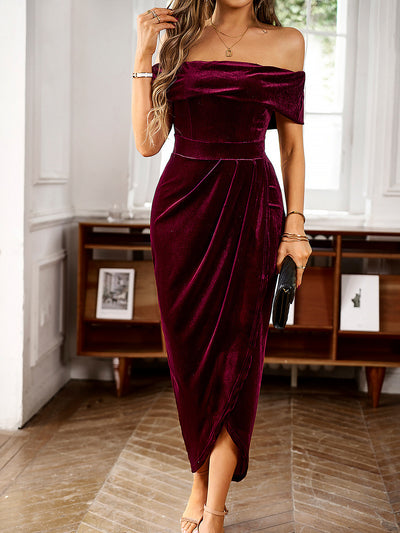 Off Shoulder Velvet Ruched Slit Midi Bodycon Dress