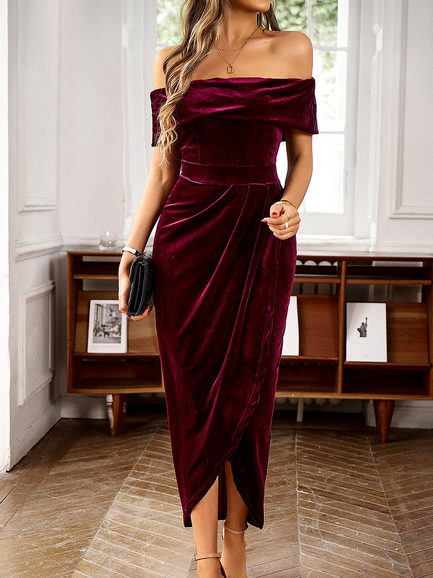 Allegra K Off Shoulder Velvet Ruched Slit Midi Bodycon Dress