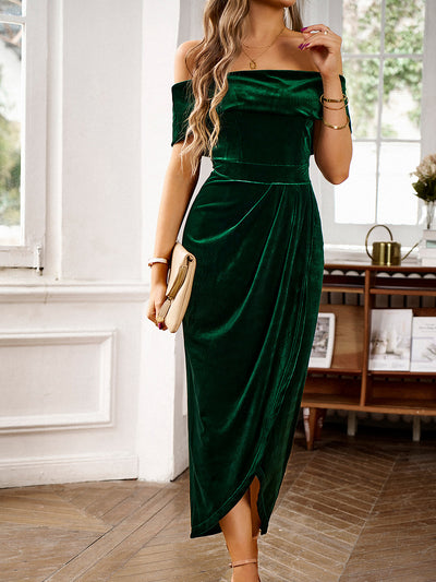 Off Shoulder Velvet Ruched Slit Midi Bodycon Dress