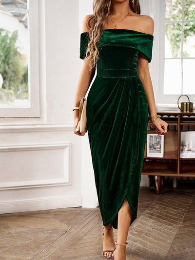 Off Shoulder Velvet Ruched Slit Midi Bodycon Dress