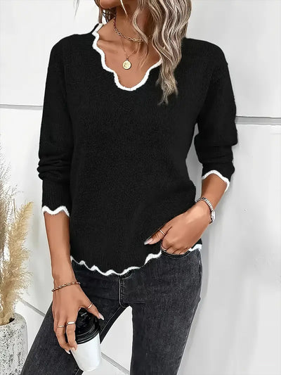 V Neck Ribbed Knit Pullover Long Sleeves Sweater