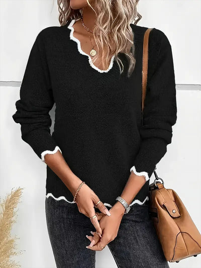 V Neck Ribbed Knit Pullover Long Sleeves Sweater