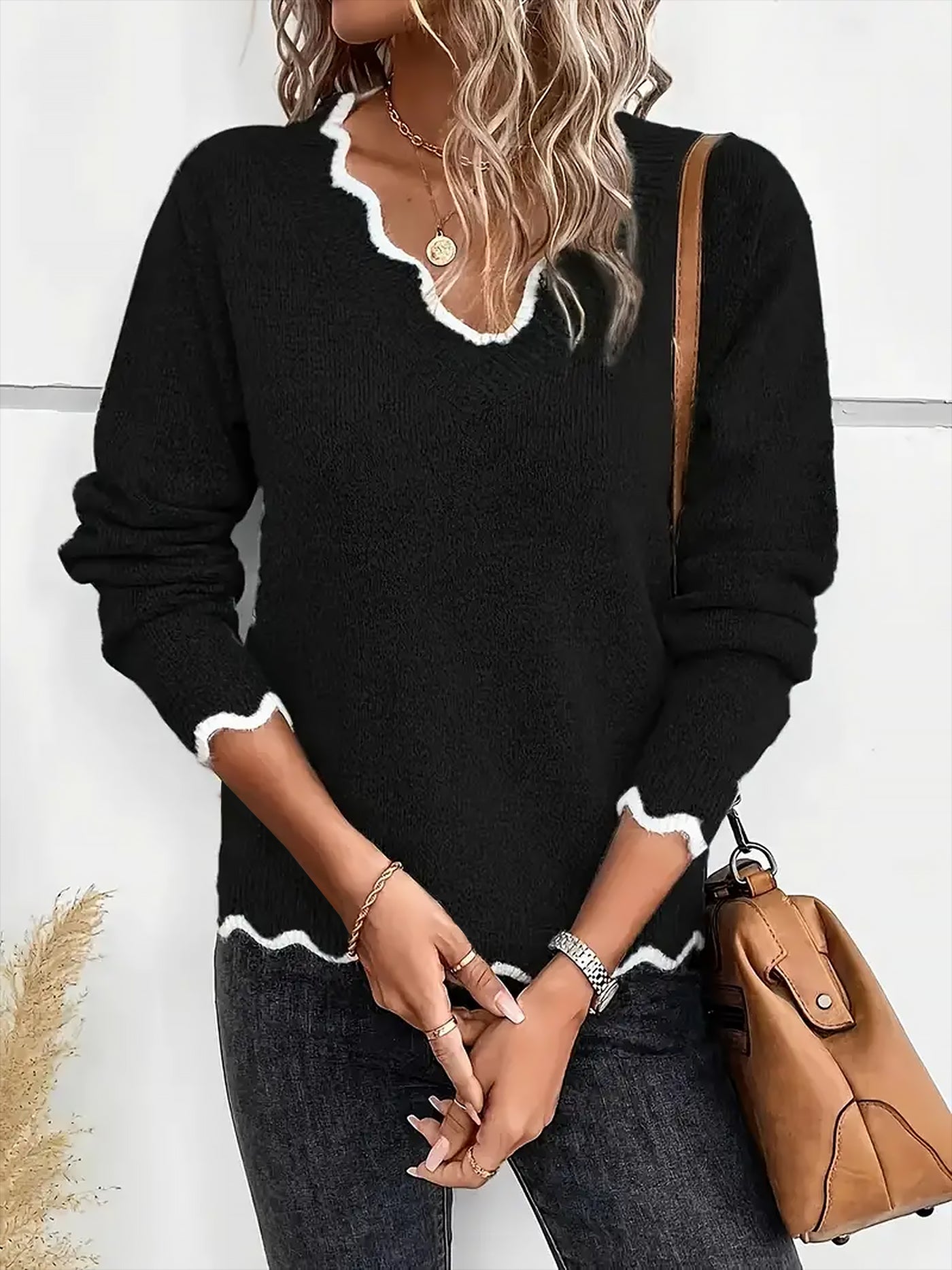 Allegra K V Neck Ribbed Knit Pullover Long Sleeves Sweater