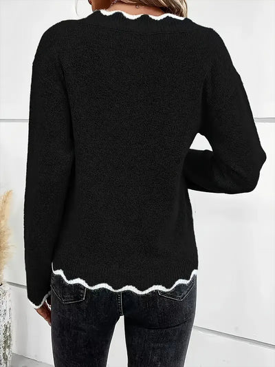 V Neck Ribbed Knit Pullover Long Sleeves Sweater