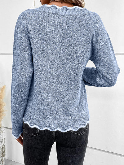 V Neck Ribbed Knit Pullover Long Sleeves Sweater