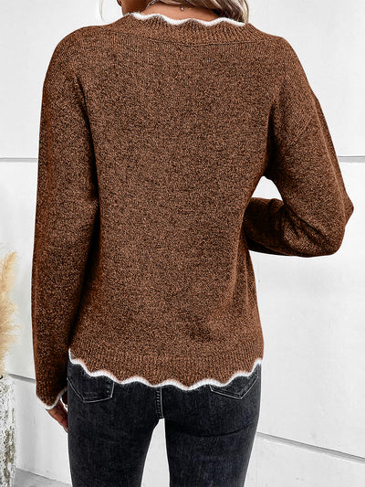 V Neck Ribbed Knit Pullover Long Sleeves Sweater