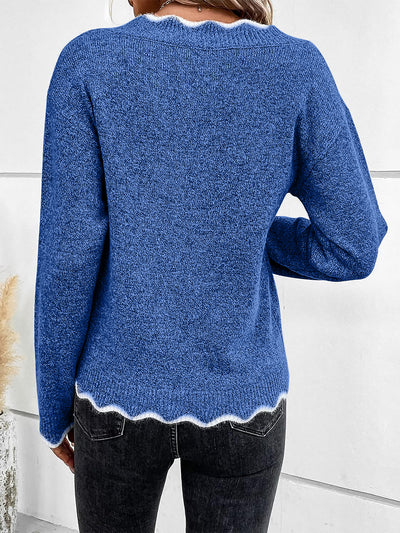 V Neck Ribbed Knit Pullover Long Sleeves Sweater