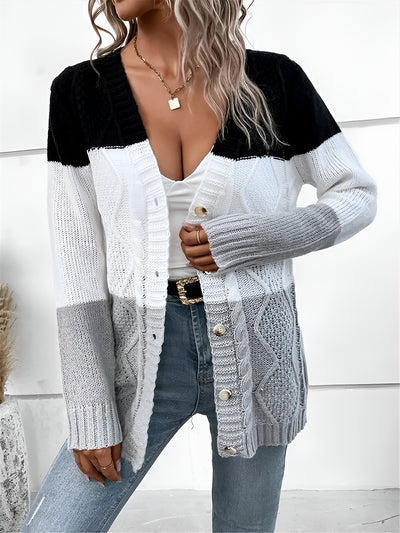 Colorblock Cable Knit Button Down Cardigan