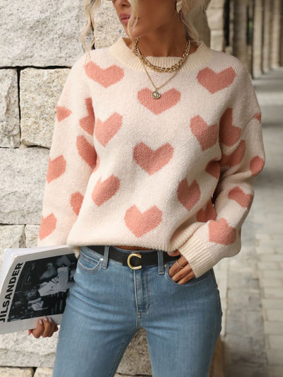 Heart Long Sleeves Round Neck Pullover Sweater