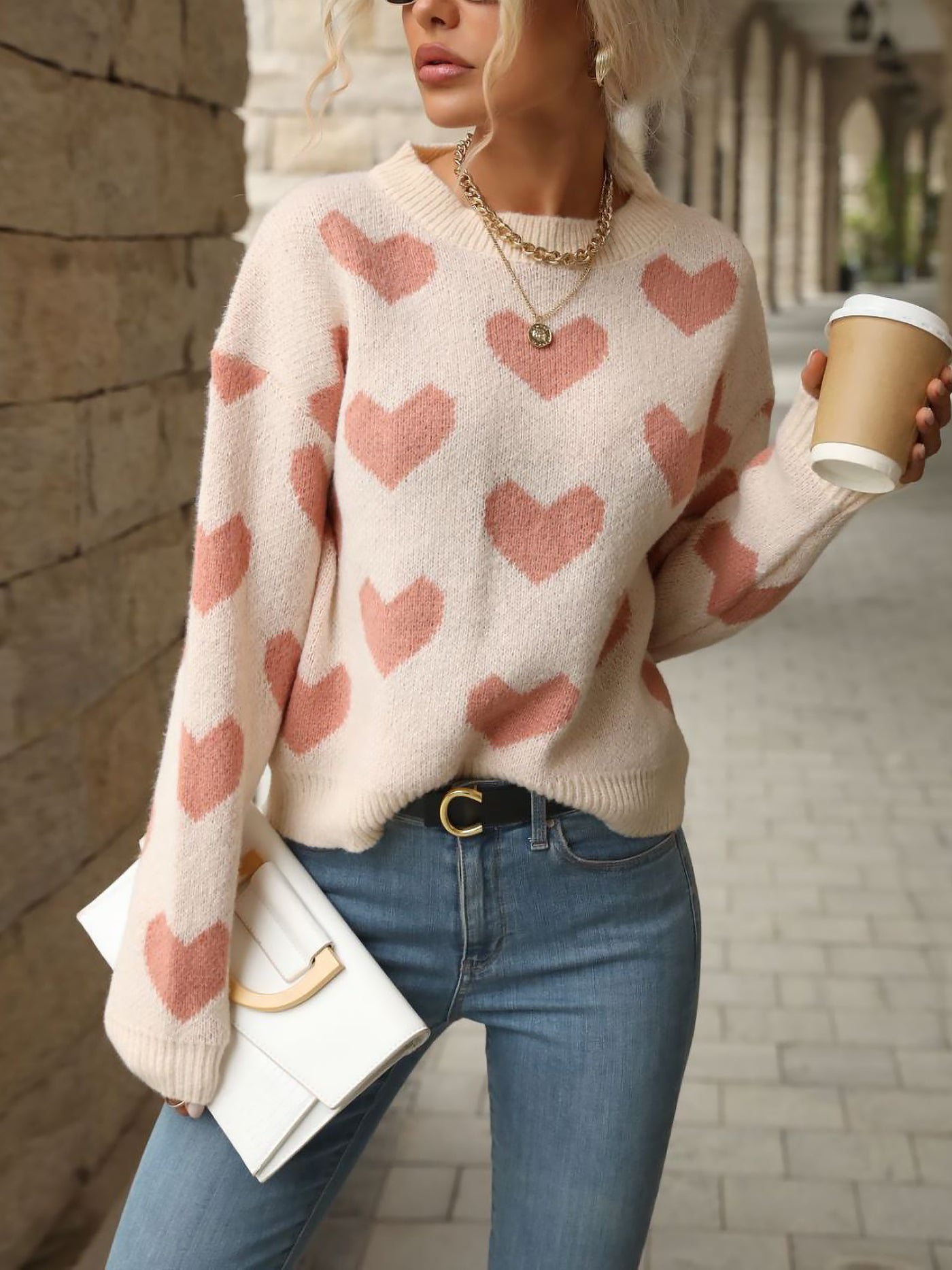 Allegra K Heart Long Sleeves Round Neck Pullover Sweater