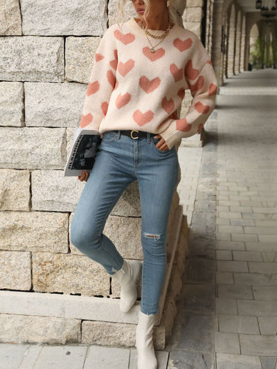 Heart Long Sleeves Round Neck Pullover Sweater