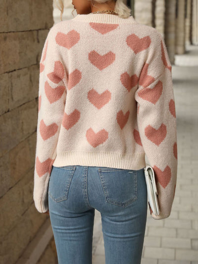 Heart Long Sleeves Round Neck Pullover Sweater