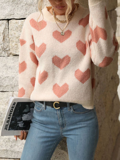 Heart Long Sleeves Round Neck Pullover Sweater