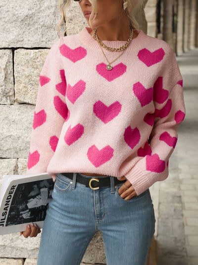 Heart Long Sleeves Round Neck Pullover Sweater