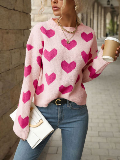 Heart Long Sleeves Round Neck Pullover Sweater