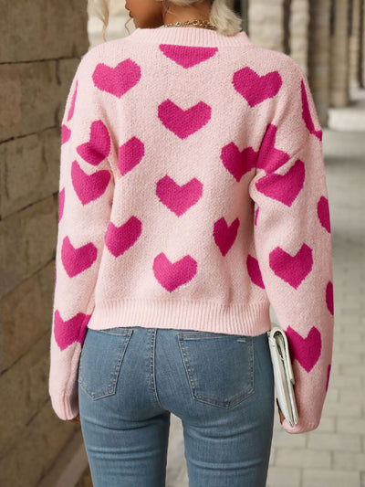 Heart Long Sleeves Round Neck Pullover Sweater