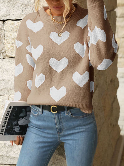 Heart Long Sleeves Round Neck Pullover Sweater