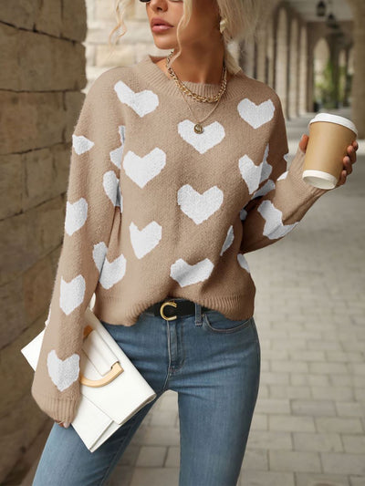 Heart Long Sleeves Round Neck Pullover Sweater