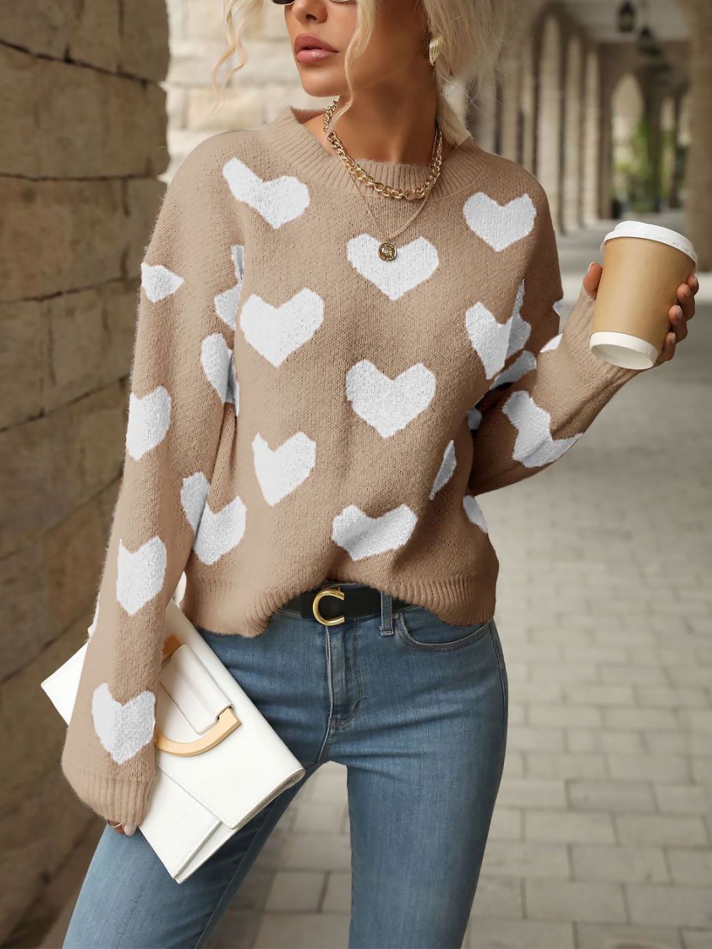 Allegra K Heart Long Sleeves Round Neck Pullover Sweater