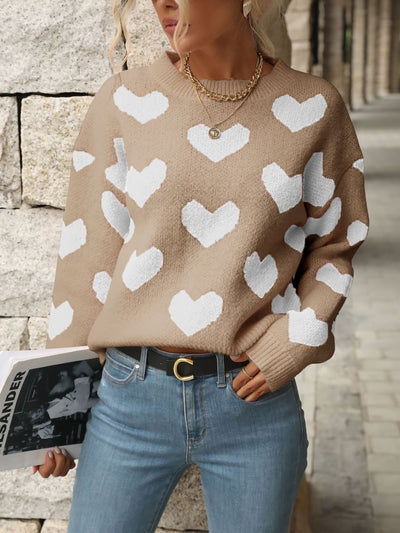 Heart Long Sleeves Round Neck Pullover Sweater